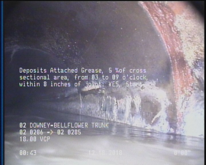 Deposits Attached Grease, 5 %of cross sectional area, from 03 to 09 o'clock, , within 8 inches of joint: YES, Start