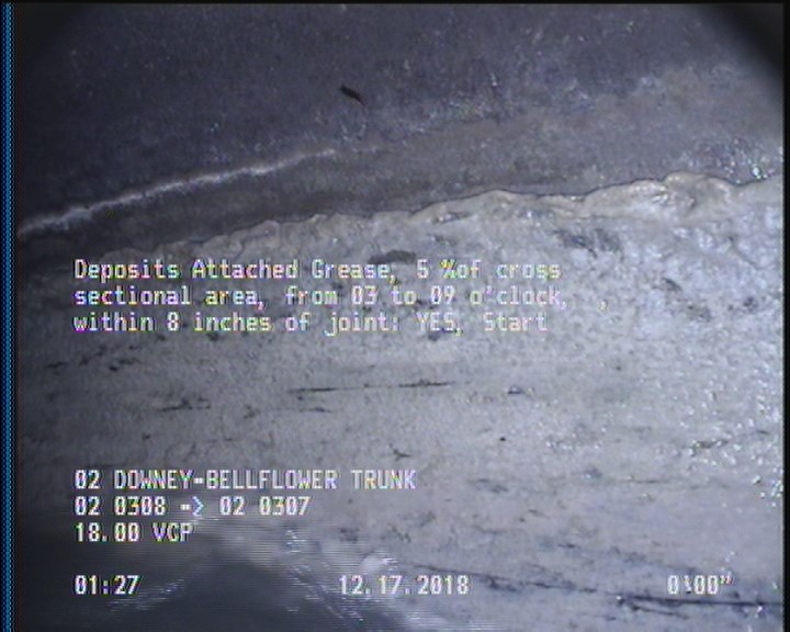 Deposits Attached Grease, 5 %of cross sectional area, from 03 to 09 o'clock, , within 8 inches of joint: YES, Start