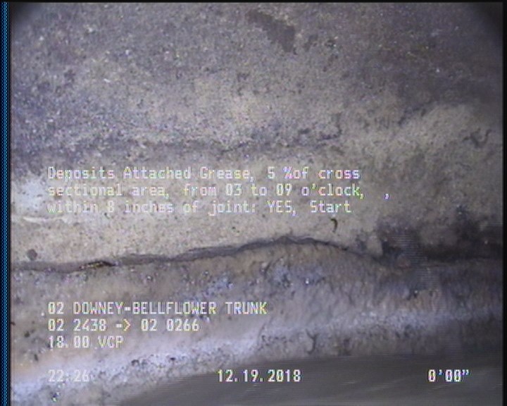 Deposits Attached Grease, 5 %of cross sectional area, from 03 to 09 o'clock, , within 8 inches of joint: YES, Start