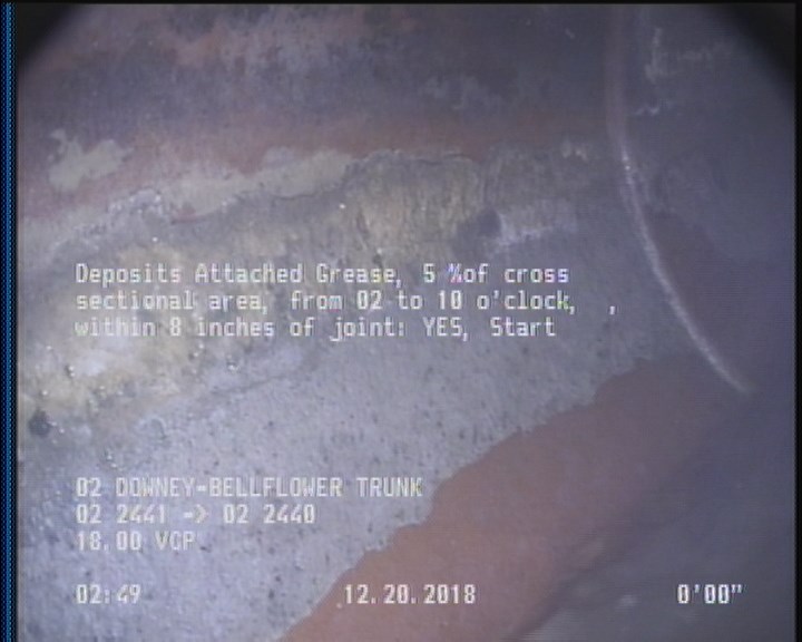 Deposits Attached Grease, 5 %of cross sectional area, from 02 to 10 o'clock, , within 8 inches of joint: YES, Start
