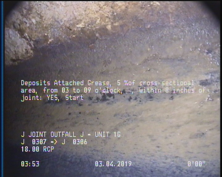 Deposits Attached Grease, 5 %of cross sectional area, from 03 to 09 o'clock, , within 8 inches of joint: YES, Start