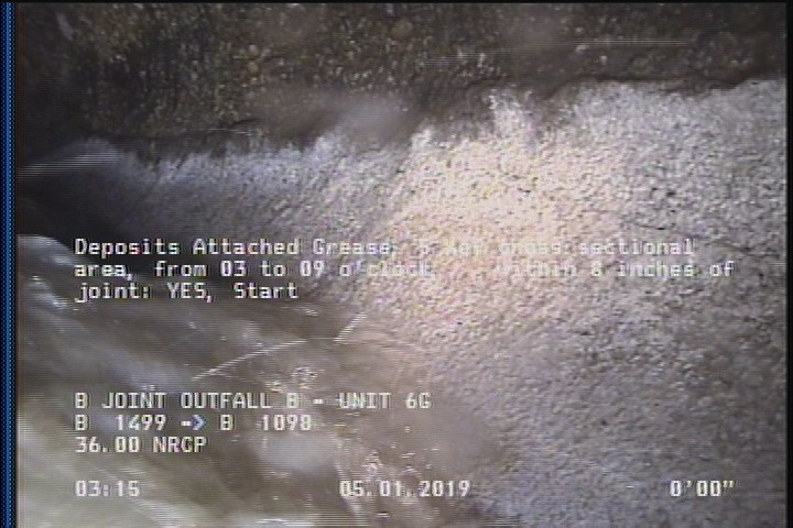 Deposits Attached Grease, 5 %of cross sectional area, from 03 to 09 o'clock, , within 8 inches of joint: YES, Start
