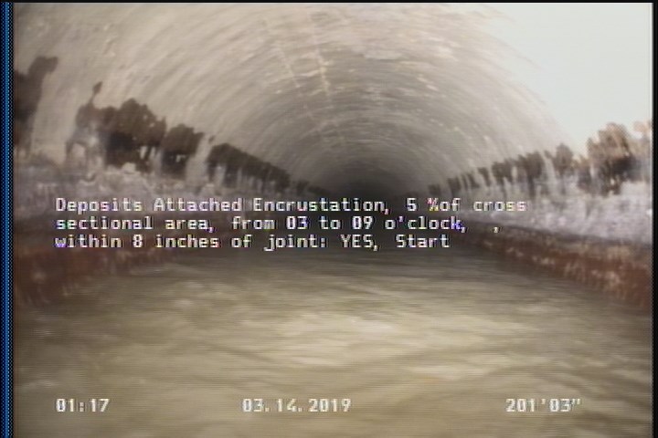 Deposits Attached Encrustation, 5 %of cross sectional area, from 03 to 09 o'clock, , within 8 inches of joint: YES, Start