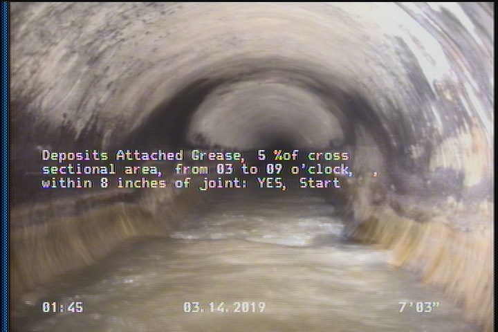Deposits Attached Grease, 5 %of cross sectional area, from 03 to 09 o'clock, , within 8 inches of joint: YES, Start