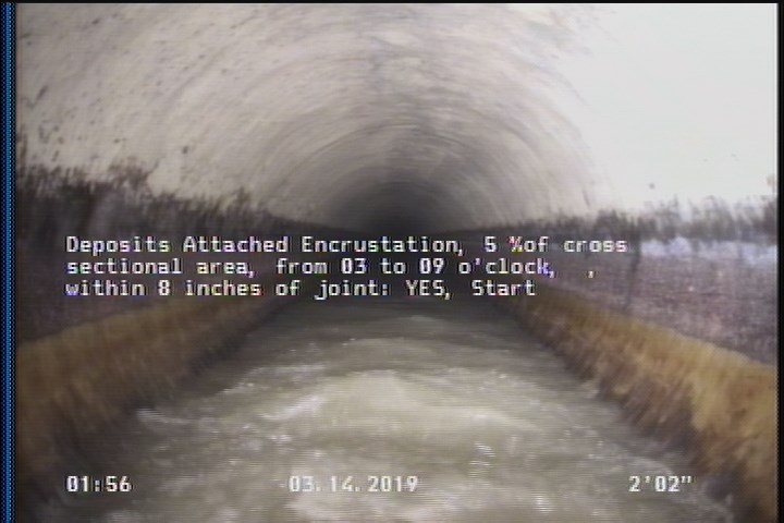Deposits Attached Encrustation, 5 %of cross sectional area, from 03 to 09 o'clock, , within 8 inches of joint: YES, Start