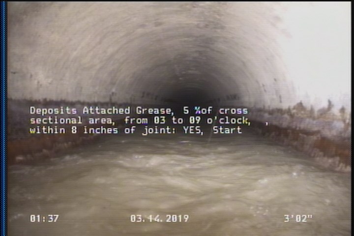 Deposits Attached Grease, 5 %of cross sectional area, from 03 to 09 o'clock, , within 8 inches of joint: YES, Start