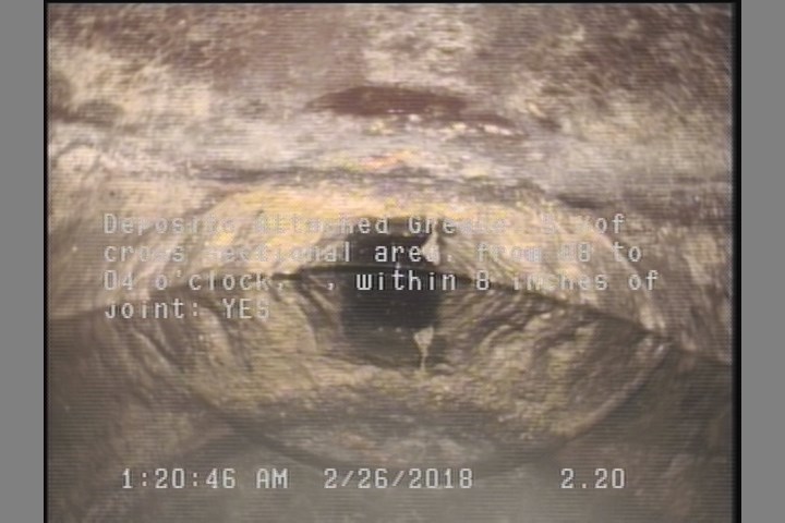 Deposits Attached Grease, 5 %of cross sectional area, from 08 to 04 o'clock, , within 8 inches of joint: YES