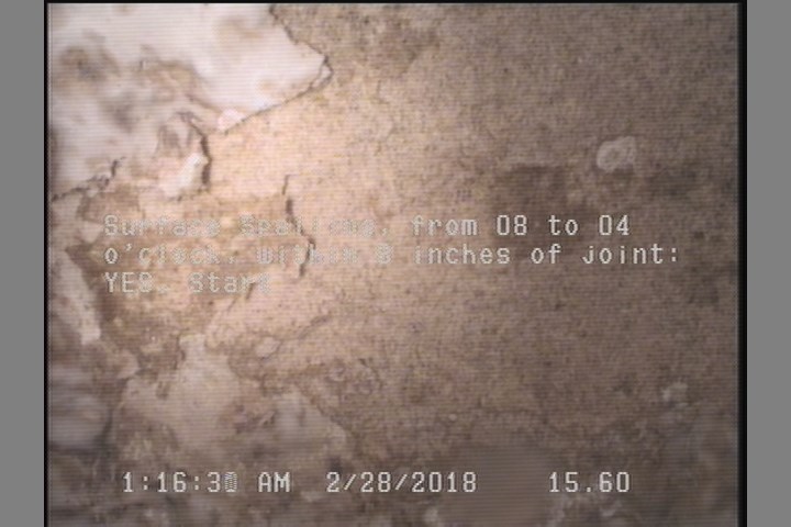 Surface Spalling, from 08 to 04 o'clock, within 8 inches of joint: YES, Start