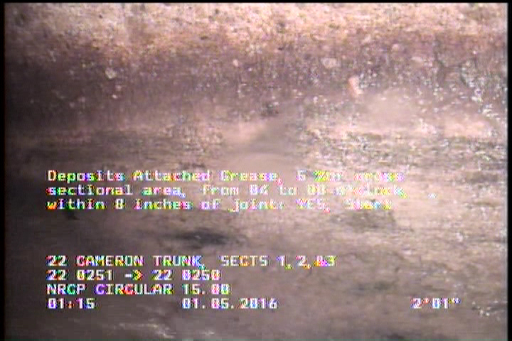 Deposits Attached Grease, 5 %of cross sectional area, from 04 to 08 o'clock, , within 8 inches of joint: YES, Start