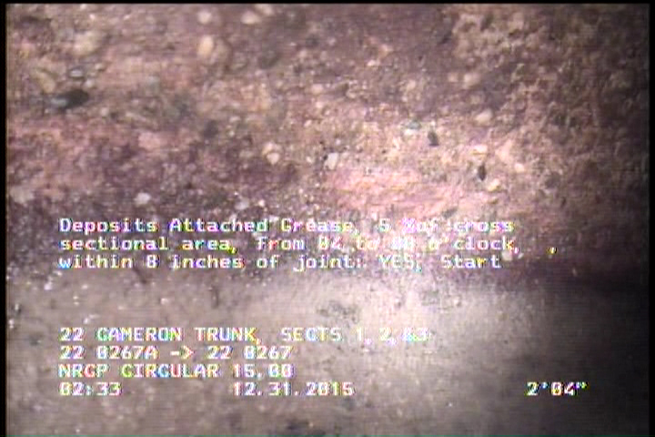 Deposits Attached Grease, 5 %of cross sectional area, from 04 to 08 o'clock, , within 8 inches of joint: YES, Start