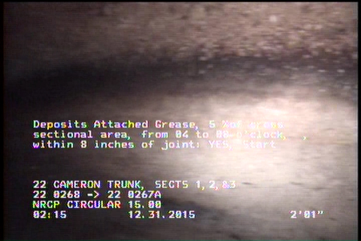 Deposits Attached Grease, 5 %of cross sectional area, from 04 to 08 o'clock, , within 8 inches of joint: YES, Start