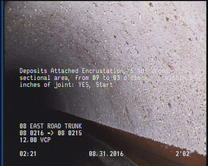 Deposits Attached Encrustation, 5 %of cross sectional area, from 09 to 03 o'clock, , within 8 inches of joint: YES, Start