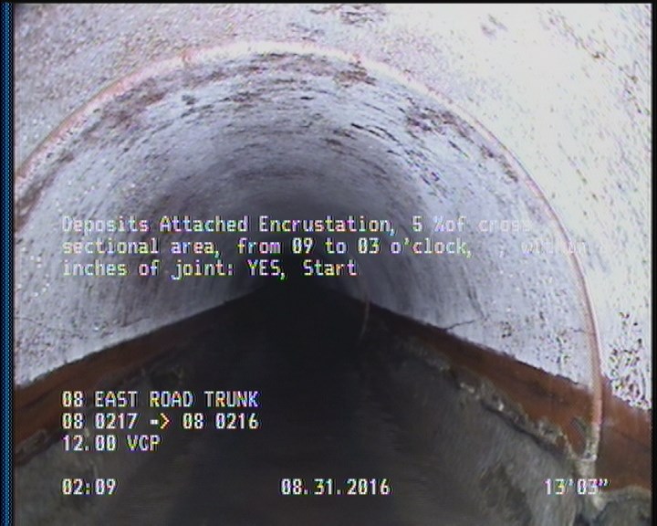 Deposits Attached Encrustation, 5 %of cross sectional area, from 09 to 03 o'clock, , within 8 inches of joint: YES, Start