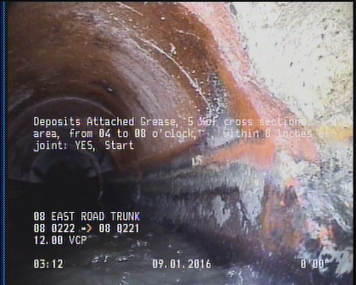 Deposits Attached Grease, 5 %of cross sectional area, from 04 to 08 o'clock, , within 8 inches of joint: YES, Start