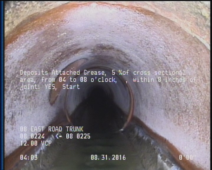 Deposits Attached Grease, 5 %of cross sectional area, from 04 to 08 o'clock, , within 8 inches of joint: YES, Start