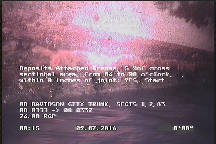 Deposits Attached Grease, 5 %of cross sectional area, from 04 to 08 o'clock, , within 8 inches of joint: YES, Start
