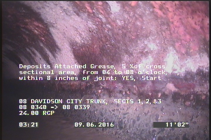 Deposits Attached Grease, 5 %of cross sectional area, from 04 to 08 o'clock, , within 8 inches of joint: YES, Start