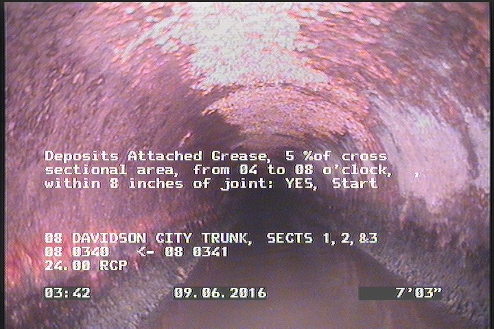 Deposits Attached Grease, 5 %of cross sectional area, from 04 to 08 o'clock, , within 8 inches of joint: YES, Start