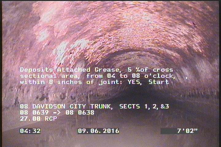 Deposits Attached Grease, 5 %of cross sectional area, from 04 to 08 o'clock, , within 8 inches of joint: YES, Start