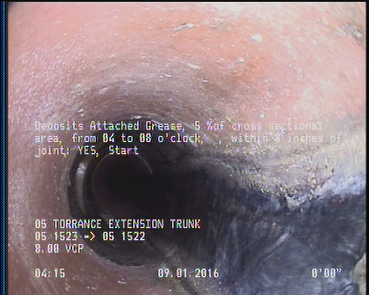 Deposits Attached Grease, 5 %of cross sectional area, from 04 to 08 o'clock, , within 8 inches of joint: YES, Start