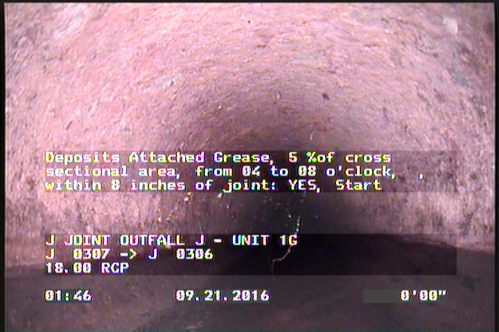 Deposits Attached Grease, 5 %of cross sectional area, from 04 to 08 o'clock, , within 8 inches of joint: YES, Start