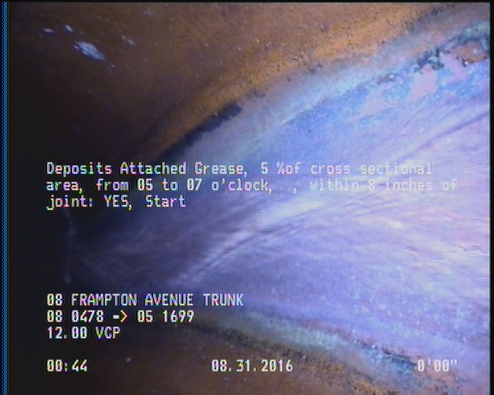 Deposits Attached Grease, 5 %of cross sectional area, from 05 to 07 o'clock, , within 8 inches of joint: YES, Start
