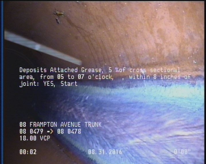 Deposits Attached Grease, 5 %of cross sectional area, from 05 to 07 o'clock, , within 8 inches of joint: YES, Start