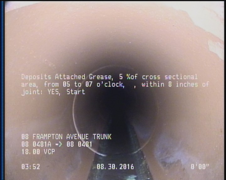 Deposits Attached Grease, 5 %of cross sectional area, from 05 to 07 o'clock, , within 8 inches of joint: YES, Start