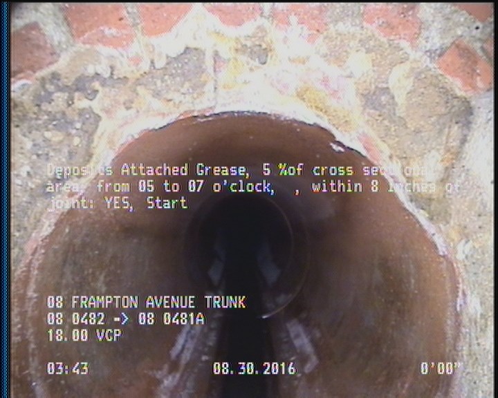 Deposits Attached Grease, 5 %of cross sectional area, from 05 to 07 o'clock, , within 8 inches of joint: YES, Start