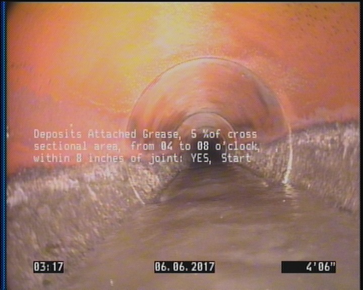 Deposits Attached Grease, 5 %of cross sectional area, from 04 to 08 o'clock, , within 8 inches of joint: YES, Start
