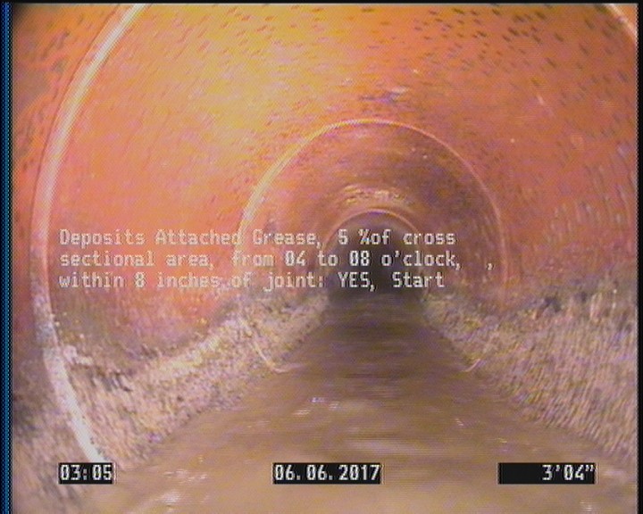 Deposits Attached Grease, 5 %of cross sectional area, from 04 to 08 o'clock, , within 8 inches of joint: YES, Start