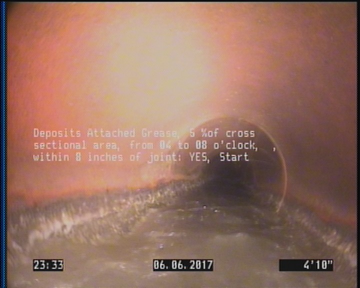 Deposits Attached Grease, 5 %of cross sectional area, from 04 to 08 o'clock, , within 8 inches of joint: YES, Start