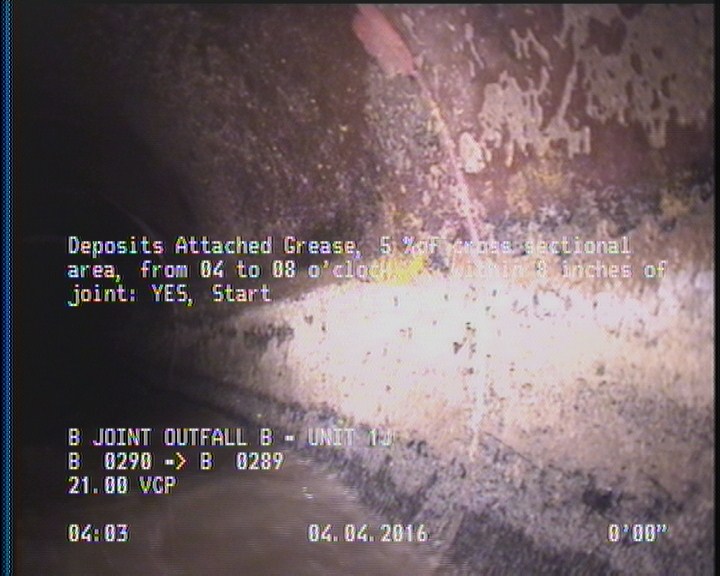 Deposits Attached Grease, 5 %of cross sectional area, from 04 to 08 o'clock, , within 8 inches of joint: YES, Start