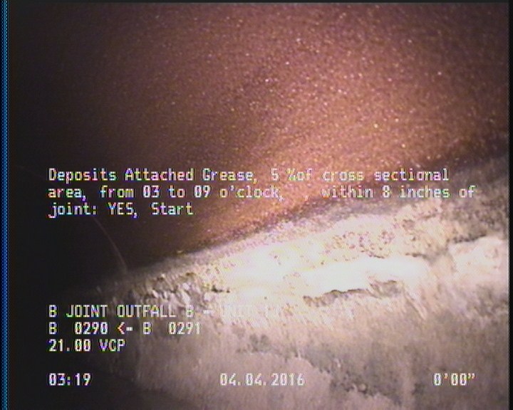 Deposits Attached Grease, 5 %of cross sectional area, from 03 to 09 o'clock, , within 8 inches of joint: YES, Start