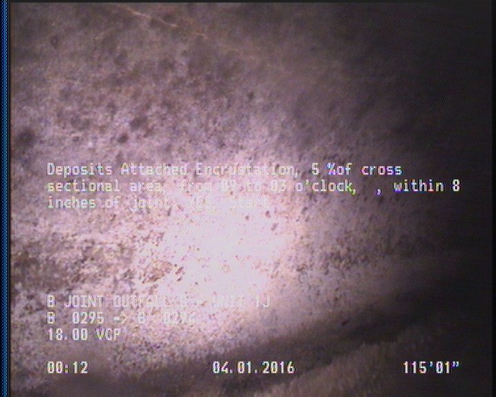 Deposits Attached Encrustation, 5 %of cross sectional area, from 09 to 03 o'clock, , within 8 inches of joint: YES, Start