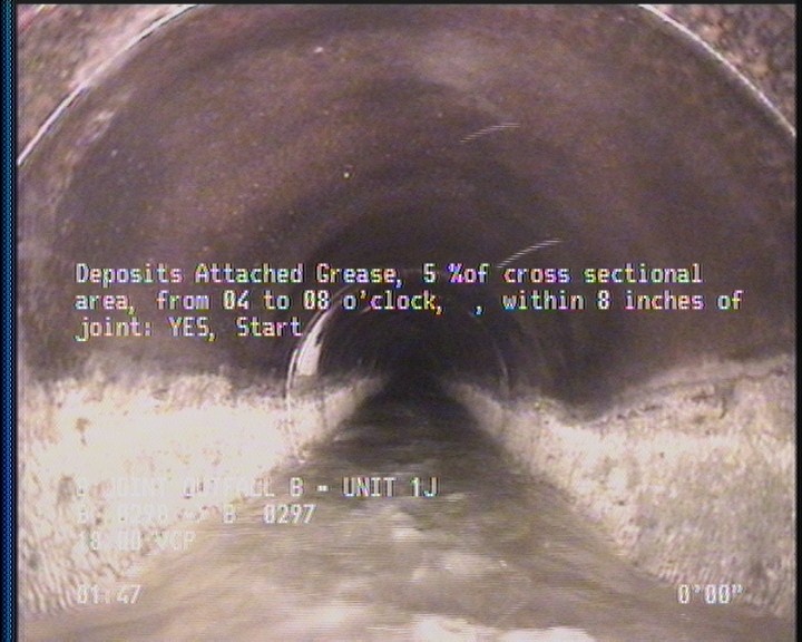 Deposits Attached Grease, 5 %of cross sectional area, from 04 to 08 o'clock, , within 8 inches of joint: YES, Start