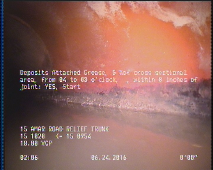 Deposits Attached Grease, 5 %of cross sectional area, from 04 to 08 o'clock, , within 8 inches of joint: YES, Start