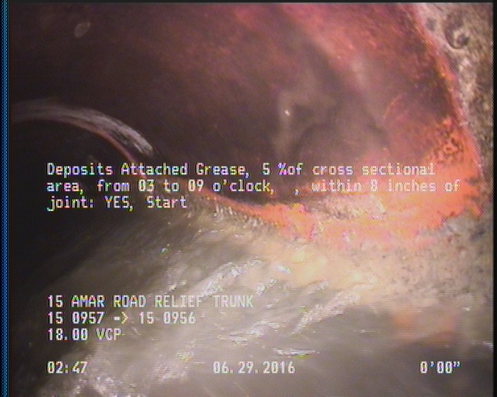 Deposits Attached Grease, 5 %of cross sectional area, from 03 to 09 o'clock, , within 8 inches of joint: YES, Start