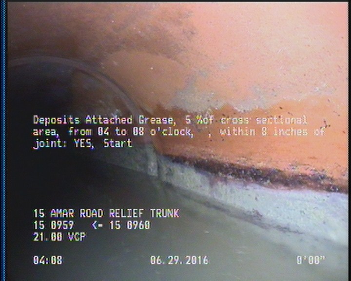 Deposits Attached Grease, 5 %of cross sectional area, from 04 to 08 o'clock, , within 8 inches of joint: YES, Start
