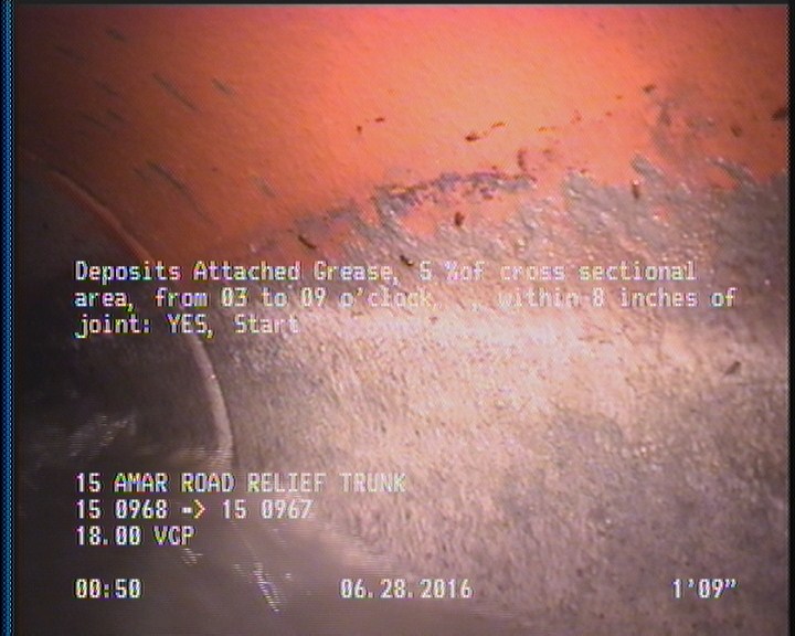 Deposits Attached Grease, 5 %of cross sectional area, from 03 to 09 o'clock, , within 8 inches of joint: YES, Start