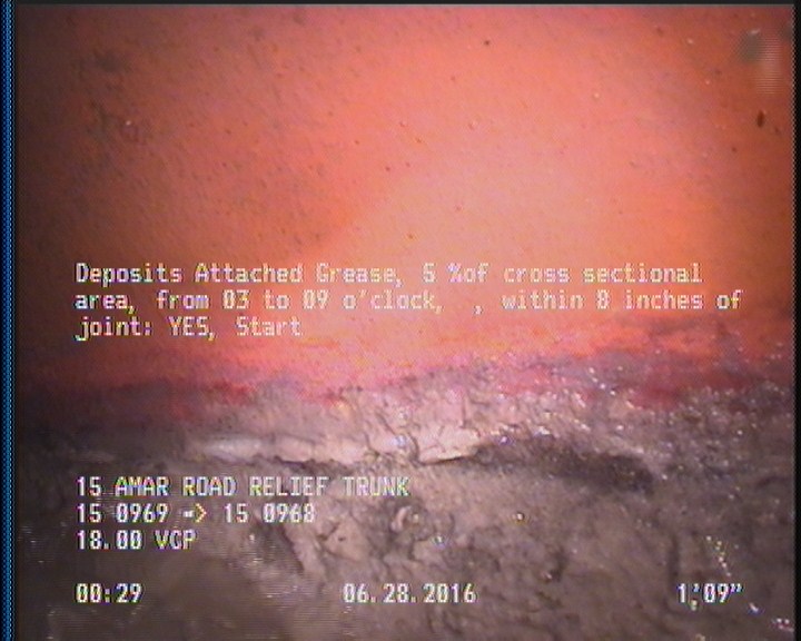 Deposits Attached Grease, 5 %of cross sectional area, from 03 to 09 o'clock, , within 8 inches of joint: YES, Start