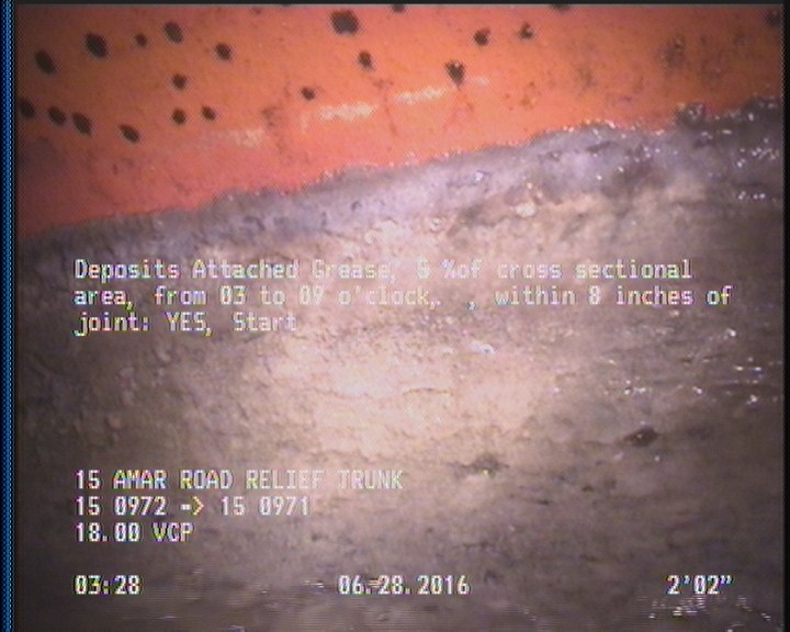 Deposits Attached Grease, 5 %of cross sectional area, from 03 to 09 o'clock, , within 8 inches of joint: YES, Start