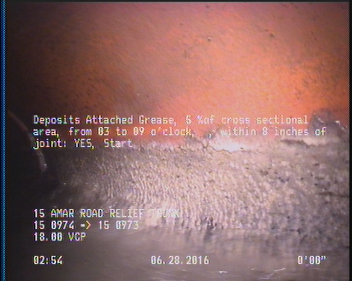 Deposits Attached Grease, 5 %of cross sectional area, from 03 to 09 o'clock, , within 8 inches of joint: YES, Start