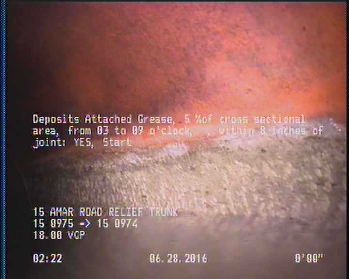 Deposits Attached Grease, 5 %of cross sectional area, from 03 to 09 o'clock, , within 8 inches of joint: YES, Start
