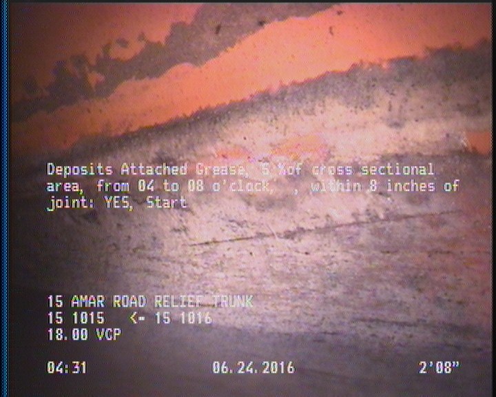 Deposits Attached Grease, 5 %of cross sectional area, from 04 to 08 o'clock, , within 8 inches of joint: YES, Start