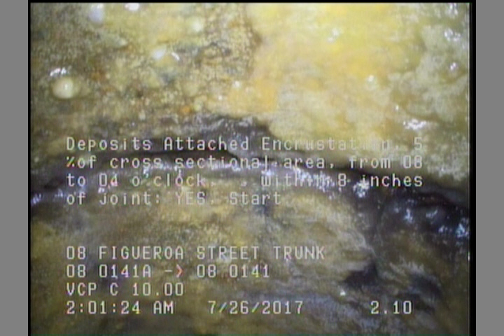 Deposits Attached Encrustation, 5 %of cross sectional area, from 08 to 04 o'clock, , within 8 inches of joint: YES, Start
