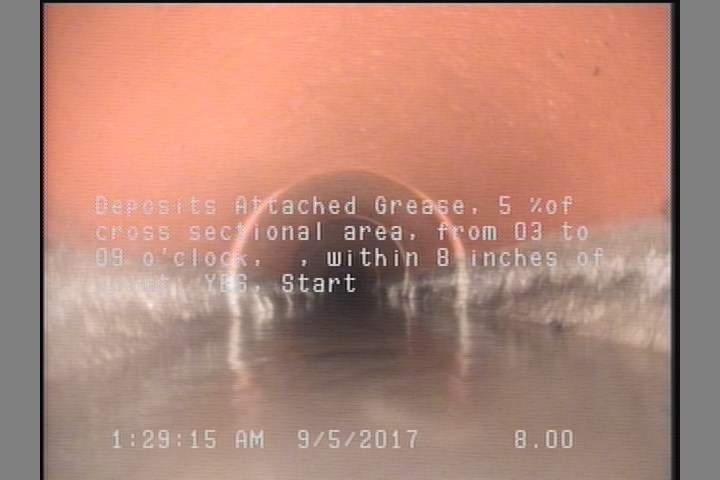 Deposits Attached Grease, 5 %of cross sectional area, from 03 to 09 o'clock, , within 8 inches of joint: YES, Start