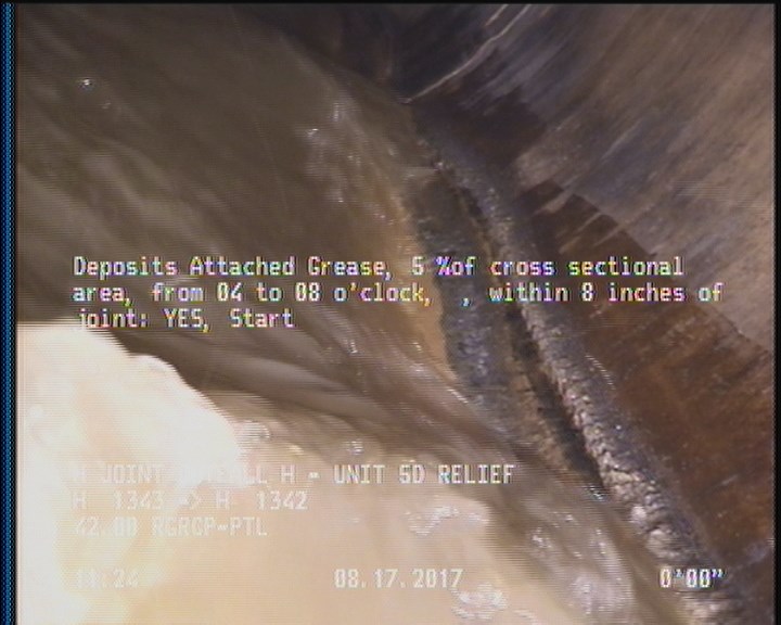 Deposits Attached Grease, 5 %of cross sectional area, from 04 to 08 o'clock, , within 8 inches of joint: YES, Start