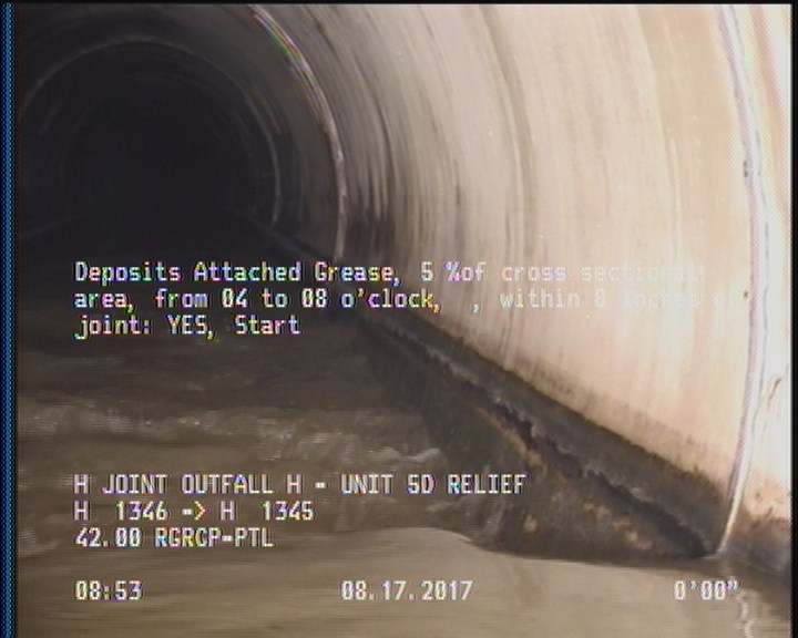 Deposits Attached Grease, 5 %of cross sectional area, from 04 to 08 o'clock, , within 8 inches of joint: YES, Start
