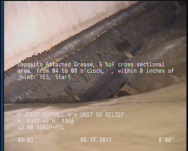 Deposits Attached Grease, 5 %of cross sectional area, from 04 to 08 o'clock, , within 8 inches of joint: YES, Start